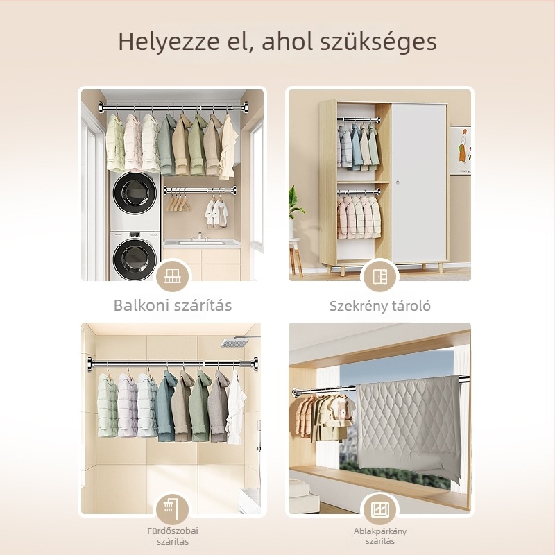 Rozsdamentes acélból készült ruhaszárító rúd erkélyre, falra szerelhető, fix típus, fúrás nélkül, kihúzható, otthoni használatra