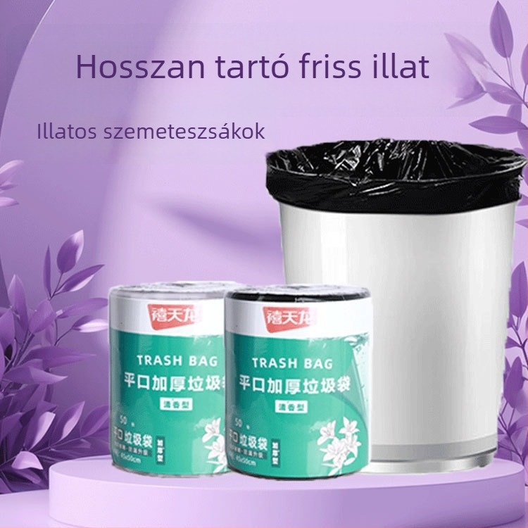 Húzózsinóros szemeteszsákok, nagy méret, extra vastag, sík nyílású műanyag zacskók, lila-fekete