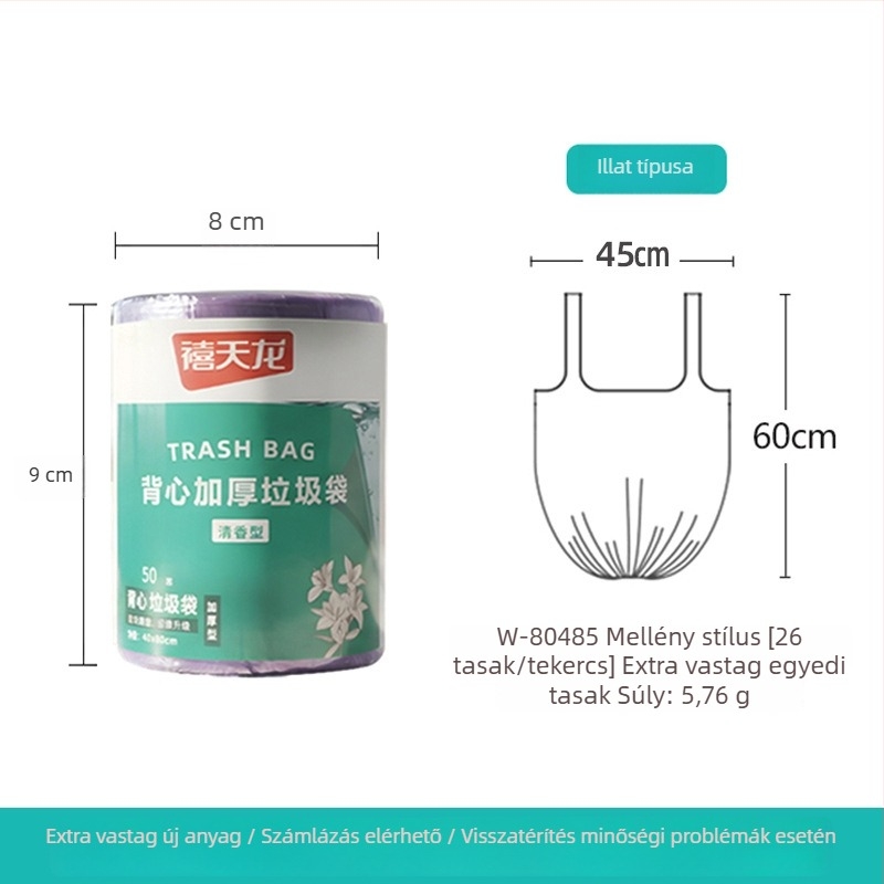 Húzózsinóros szemeteszsákok, nagy méret, extra vastag, sík nyílású műanyag zacskók, lila-fekete