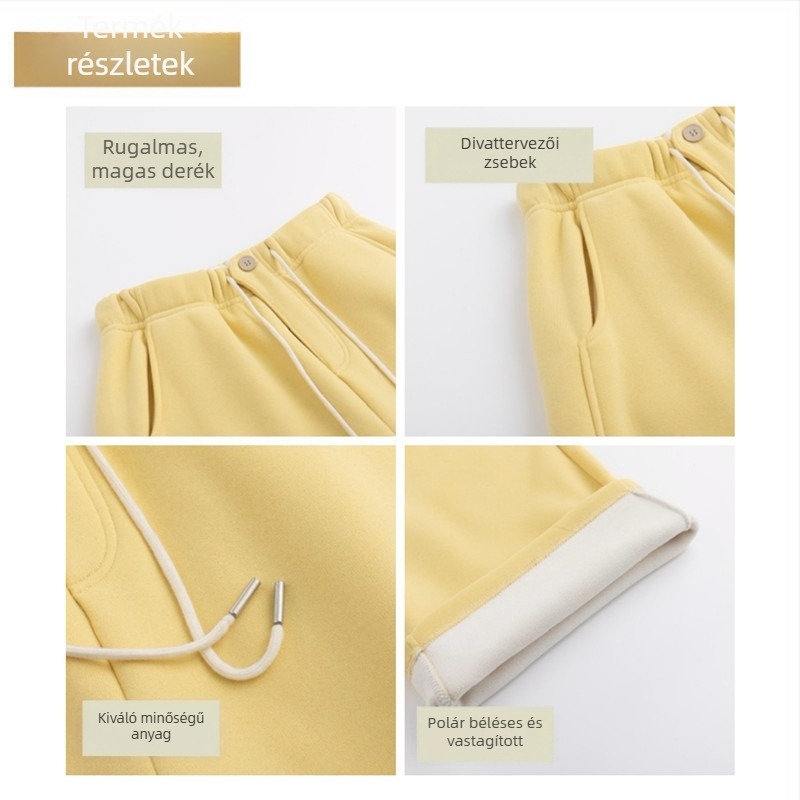 Vörös fleece-béléssel ellátott vastag női nadrág, gombos, magas derekú, egyenes és széles szabású, hétköznapi, hosszú, téli 2025
