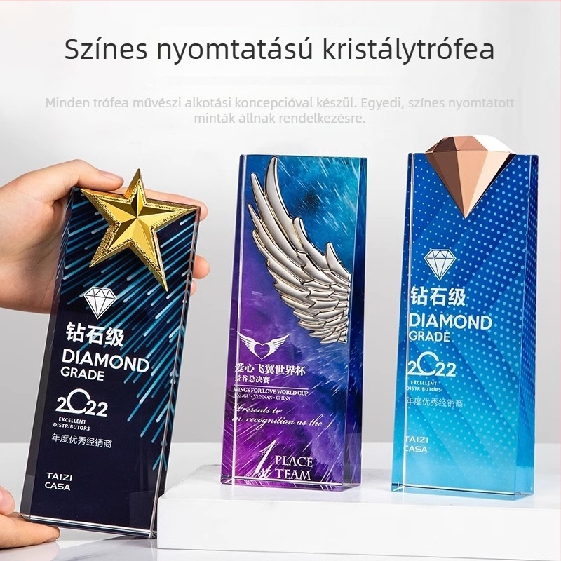 Kristály trófea személyre szabott éremmel és ötszögletű csillaggal díszített üveglap plakett kiváló munkavállalók számára
