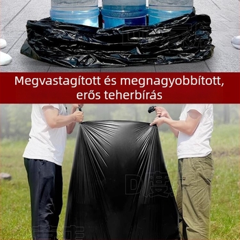 Kereskedelmi felhasználásra szánt nagy fekete szemeteszsákok, vastagított polietilén, sík szájú kivitel