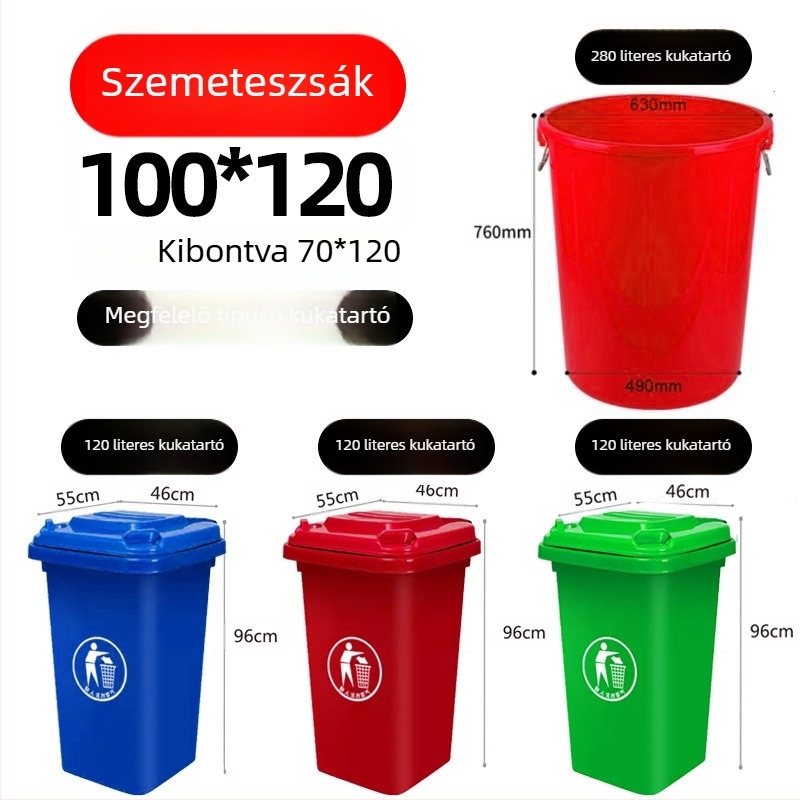 Kereskedelmi felhasználásra szánt nagy fekete szemeteszsákok, vastagított polietilén, sík szájú kivitel