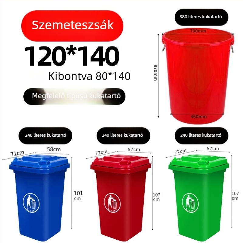 Kereskedelmi felhasználásra szánt nagy fekete szemeteszsákok, vastagított polietilén, sík szájú kivitel