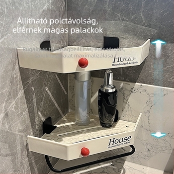 Fúrás nélküli sarokban rögzíthető háromszög alakú fürdőszobai tárolópolc