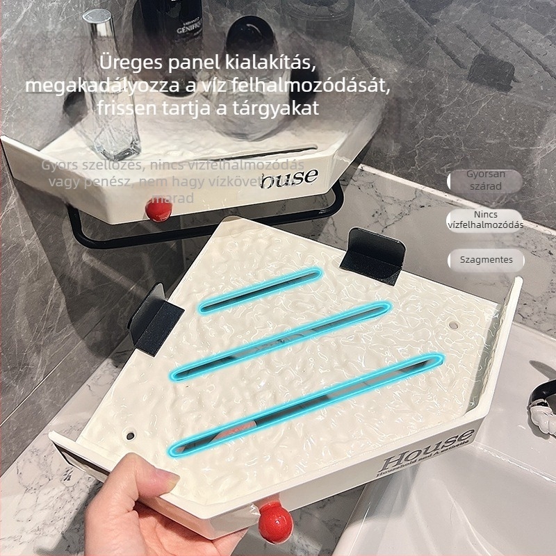 Fúrás nélküli sarokban rögzíthető háromszög alakú fürdőszobai tárolópolc