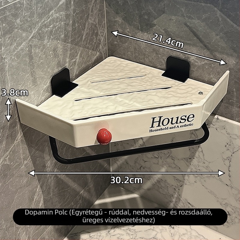 Fúrás nélküli sarokban rögzíthető háromszög alakú fürdőszobai tárolópolc