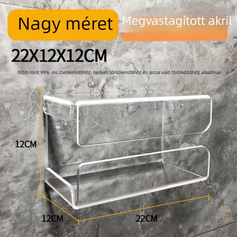 Átlátszó falra szerelhető zsebkendő-tartó ragasztó hátlappal, fúrás nélkül, fordított elrendezés