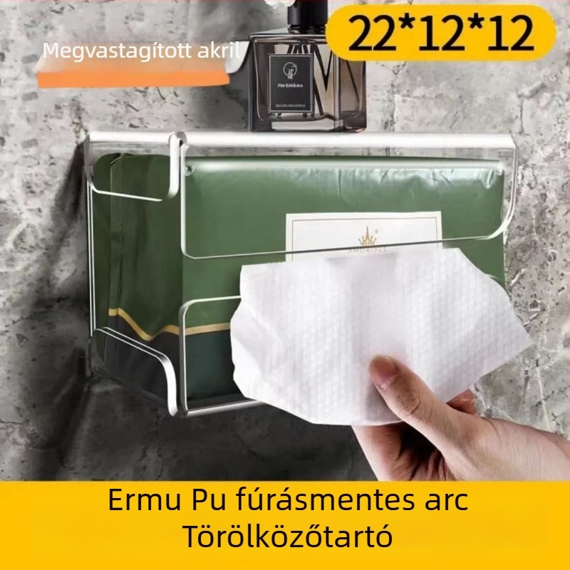 Átlátszó falra szerelhető zsebkendő-tartó ragasztó hátlappal, fúrás nélkül, fordított elrendezés