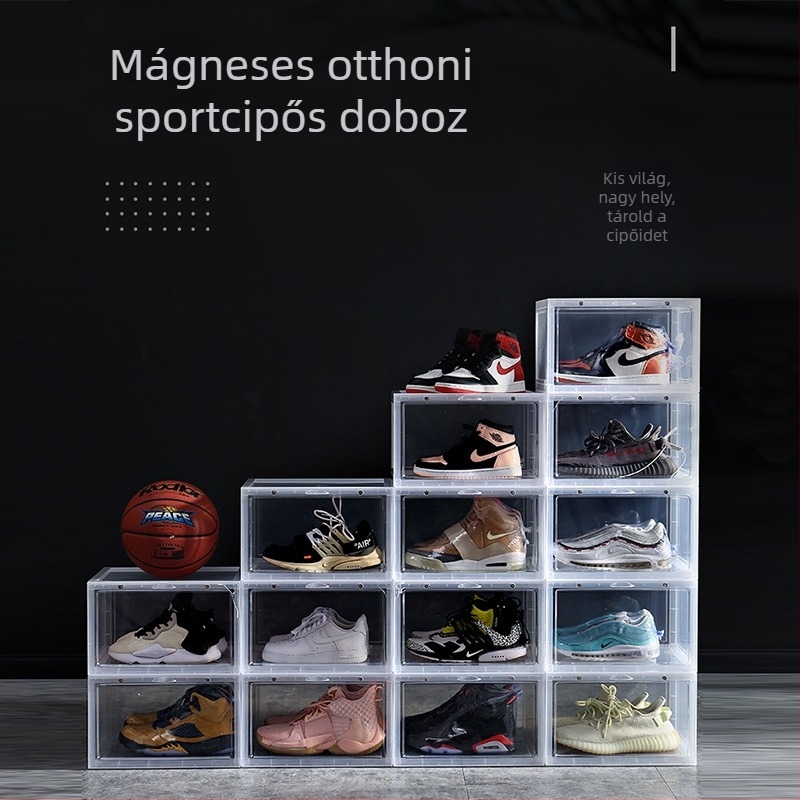 Mágneses átlátszó akril cipőszekrény magas szárú sportcipőkhez — porvédett, helytakarékos tárolás