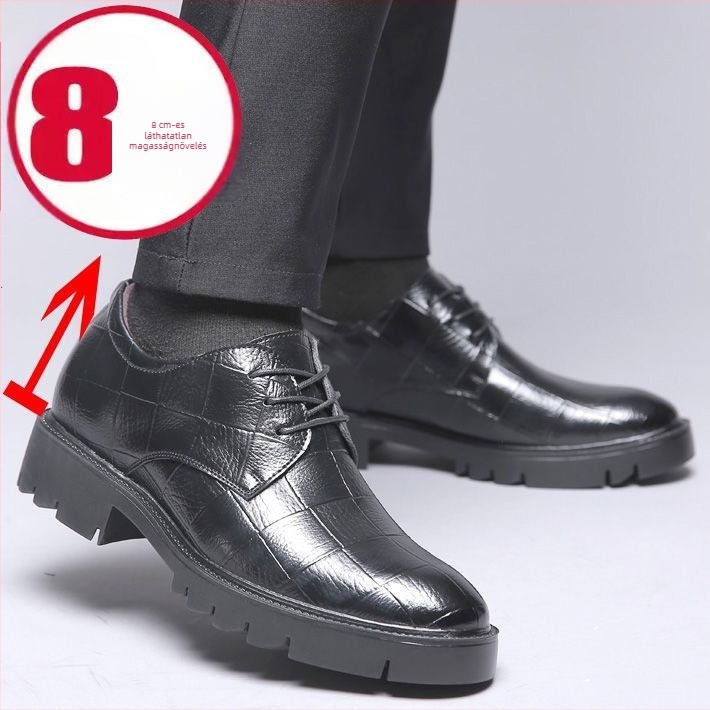 Férfi bőr öltönycipő rejtett 8 cm-es emeléssel, 6 fűzőlyuk, brogues stílus, téli viselet