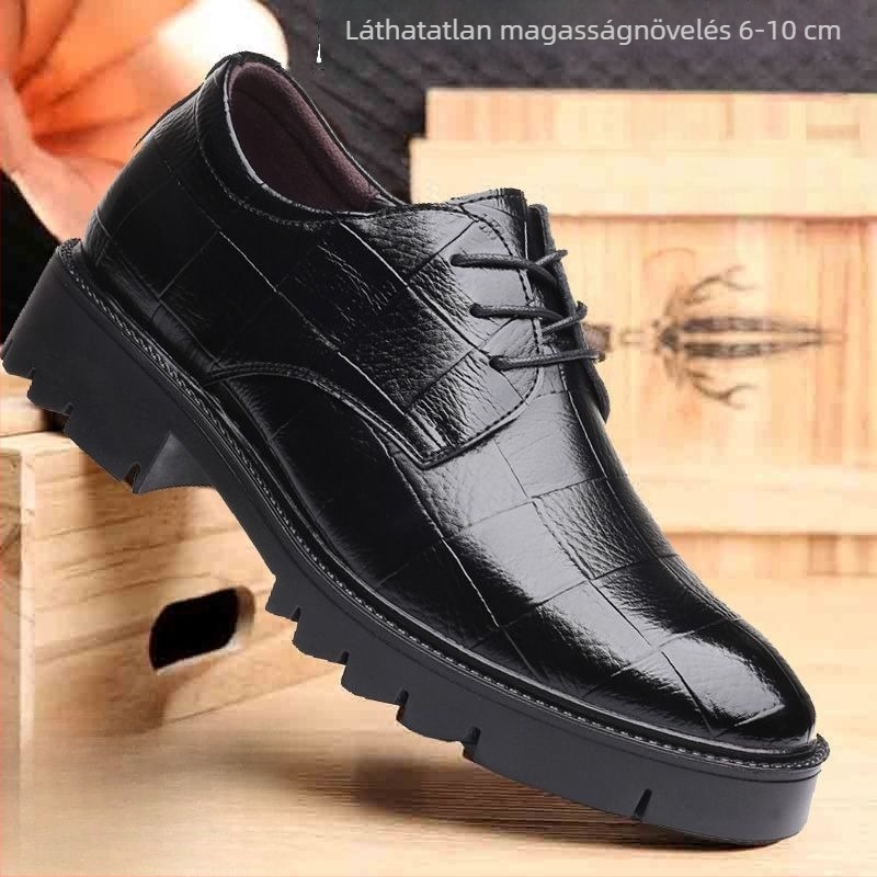 Férfi bőr öltönycipő rejtett 8 cm-es emeléssel, 6 fűzőlyuk, brogues stílus, téli viselet