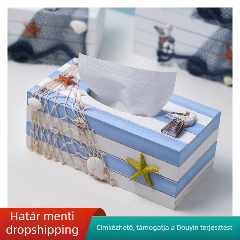 Mediterrán stílusú papírzsebkendő doboz, fa dekoratív tartó a nappaliba