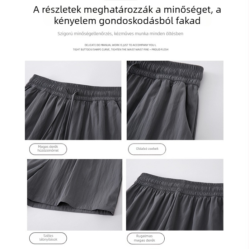 Női Yamamoto rövidnadrág, világoszöld ice-silk anyagból, magas derekú, széles szárú, laza fazon, középméret, nyár 2026
