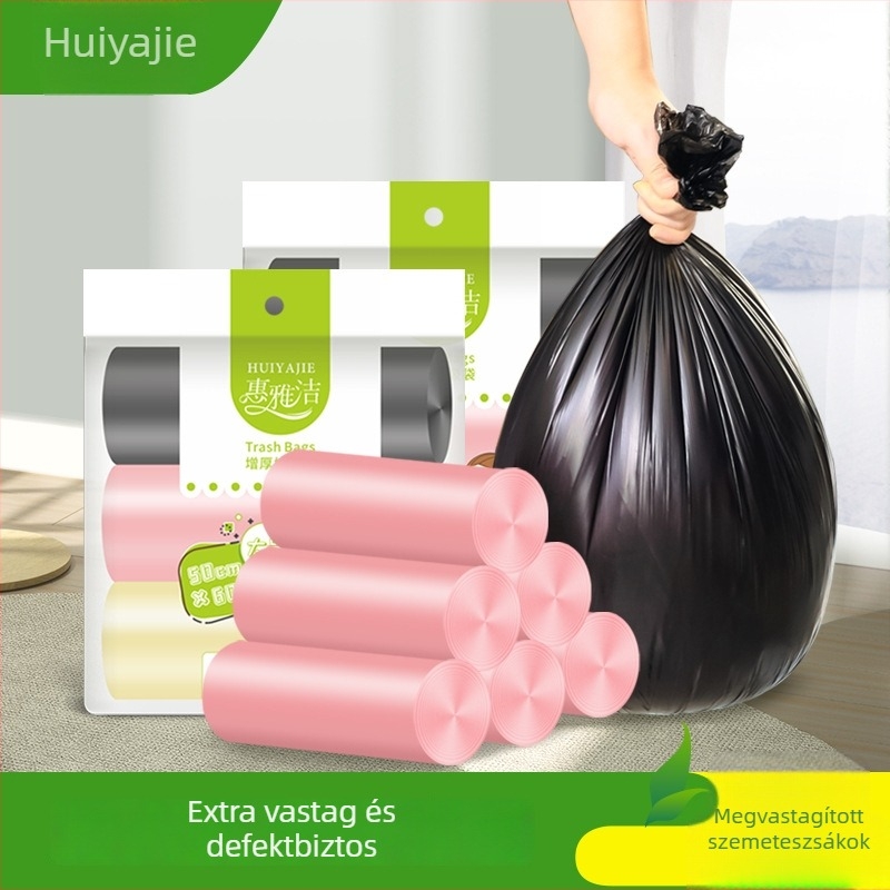 Fekete, vastagított szemeteszsákok, nagy méret, konyhai műanyag zacskók, mellény-stílusú, sík szájú, fogantyúval