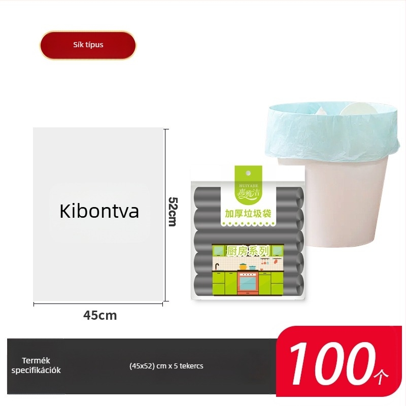 Fekete, vastagított szemeteszsákok, nagy méret, konyhai műanyag zacskók, mellény-stílusú, sík szájú, fogantyúval