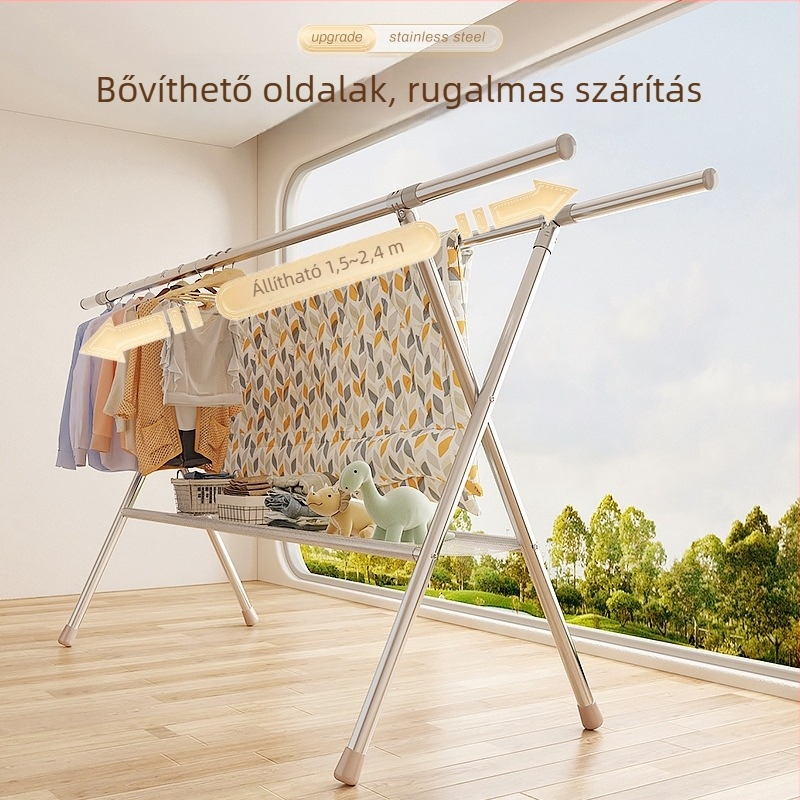 Padlón álló ruhaszárító állvány rozsdamentes acélból, X-alakú hálóval, beltéri és kültéri használatra