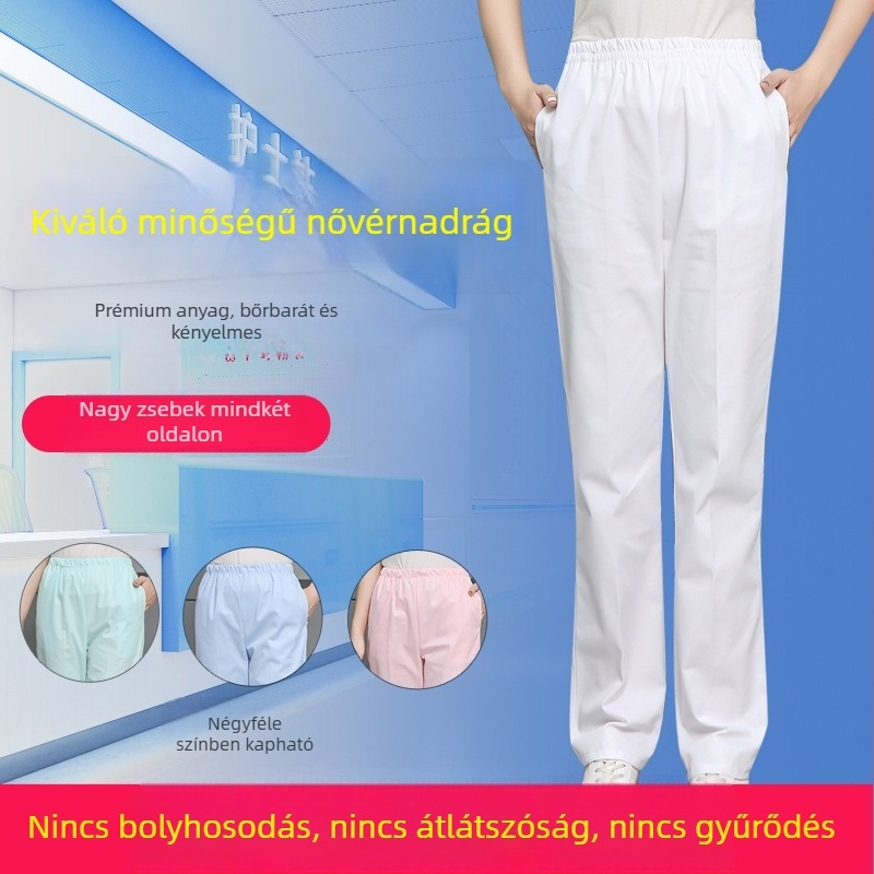 Női ápolónői nadrág, elasztikus derékkal, fehér, rózsaszín vagy kék, orvosi munkanadrág tavasz–őszre