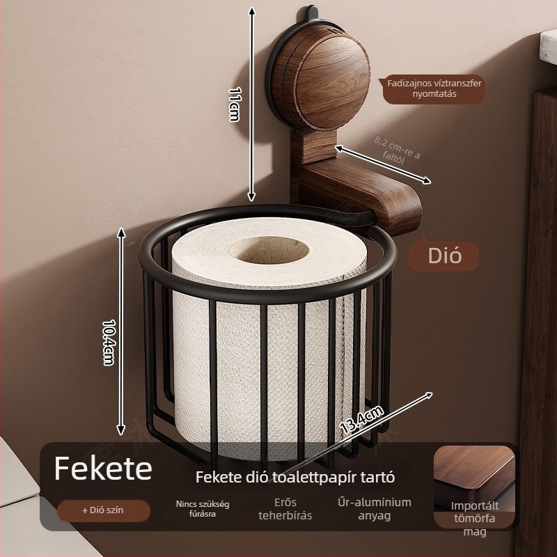 Diófából készült vécépapírtartó szívókorongos felülettel, fürdőszobához