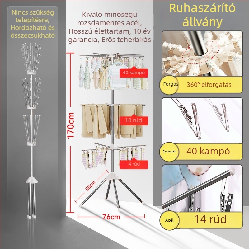 Baba ruhaszárító állvány rozsdamentes acélból, beltéri, padlóra álló, összecsukható, többfunkciós pelenkák és törölközők számára