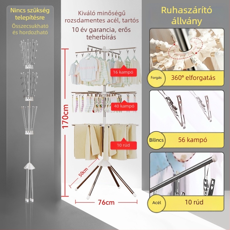 Baba ruhaszárító állvány rozsdamentes acélból, beltéri, padlóra álló, összecsukható, többfunkciós pelenkák és törölközők számára