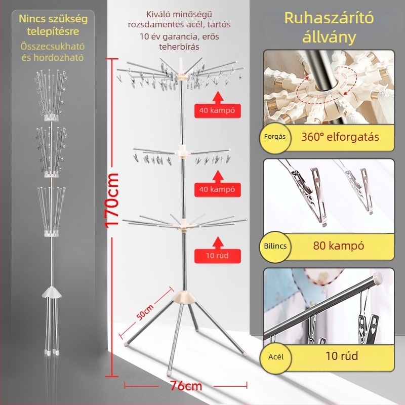 Baba ruhaszárító állvány rozsdamentes acélból, beltéri, padlóra álló, összecsukható, többfunkciós pelenkák és törölközők számára