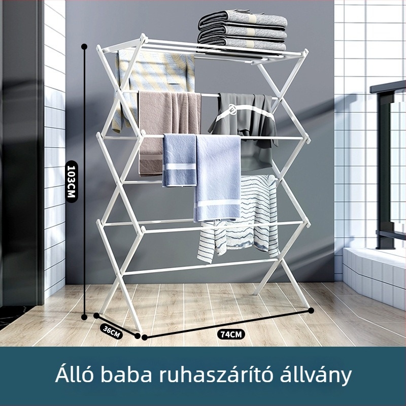 Baba ruhaszárító állvány rozsdamentes acélból, beltéri, padlóra álló, összecsukható, többfunkciós pelenkák és törölközők számára