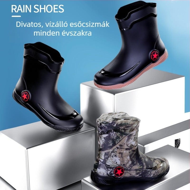Férfi rövid esőcsizmák, vízállóak, csúszásmentesek, kopásállóak, kültéri munka, kamufláž