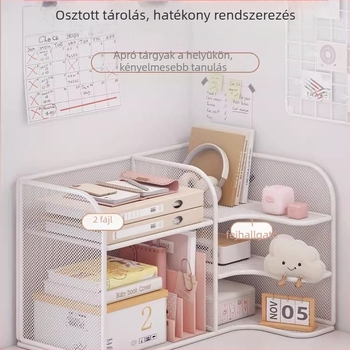 Sarokban elhelyezett könyvespolc az íróasztalhoz, kompakt asztali tároló gyermekek képeskönyveihez
