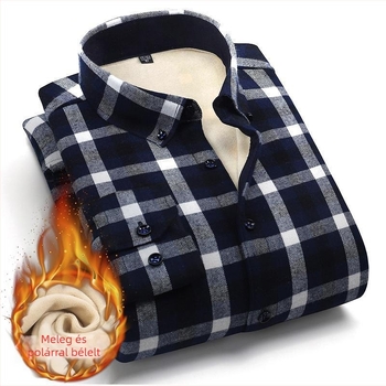Férfi téli kockás ing, vastag pamutból, fleece béléssel, hosszú ujjú, üzleti casual stílus, vasalásmentes, meleg