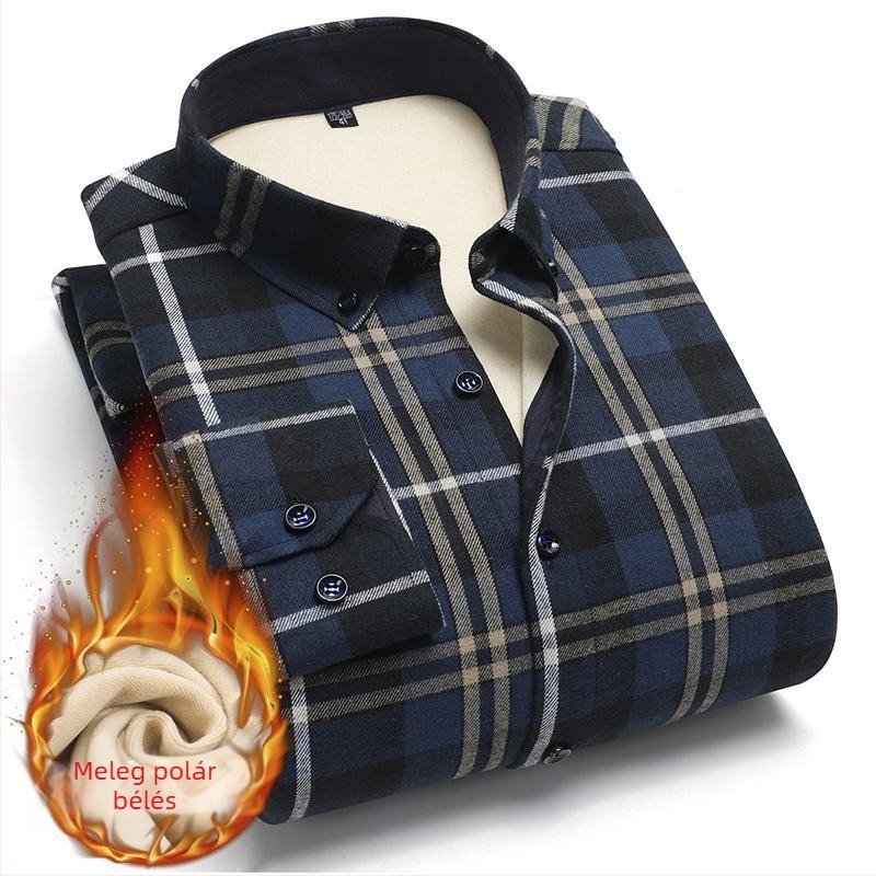 Férfi téli kockás ing, vastag pamutból, fleece béléssel, hosszú ujjú, üzleti casual stílus, vasalásmentes, meleg