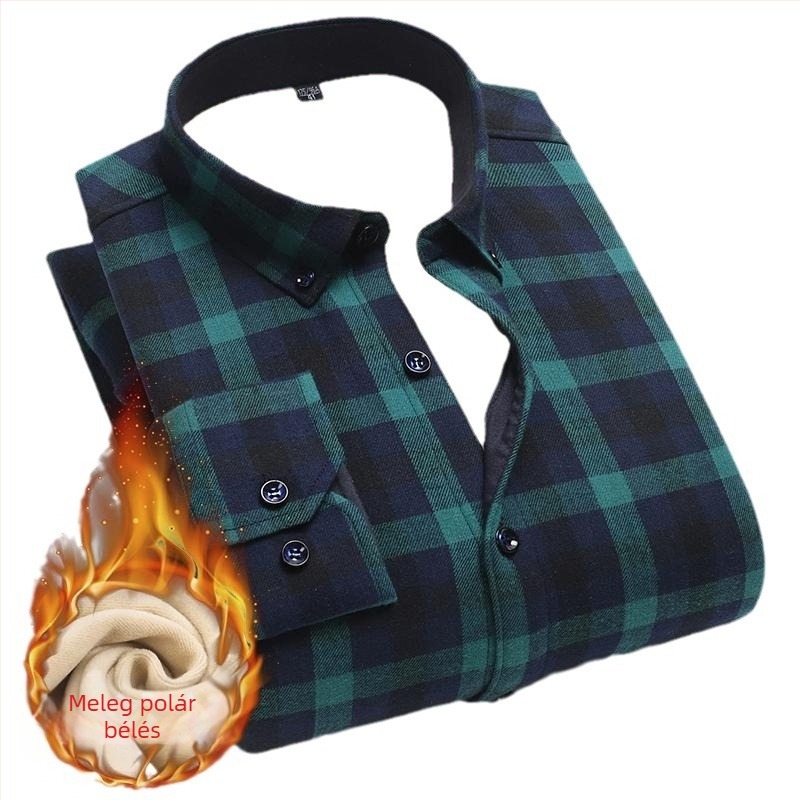 Férfi téli kockás ing, vastag pamutból, fleece béléssel, hosszú ujjú, üzleti casual stílus, vasalásmentes, meleg