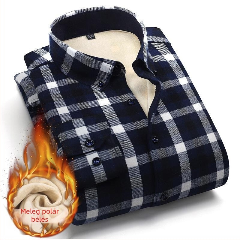 Férfi téli kockás ing, vastag pamutból, fleece béléssel, hosszú ujjú, üzleti casual stílus, vasalásmentes, meleg
