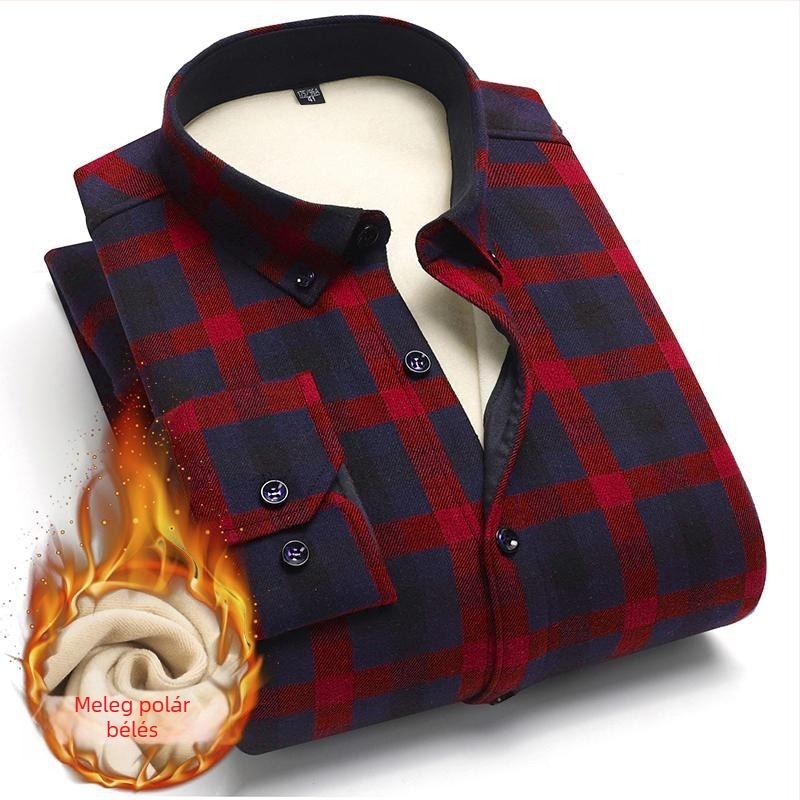 Férfi téli kockás ing, vastag pamutból, fleece béléssel, hosszú ujjú, üzleti casual stílus, vasalásmentes, meleg