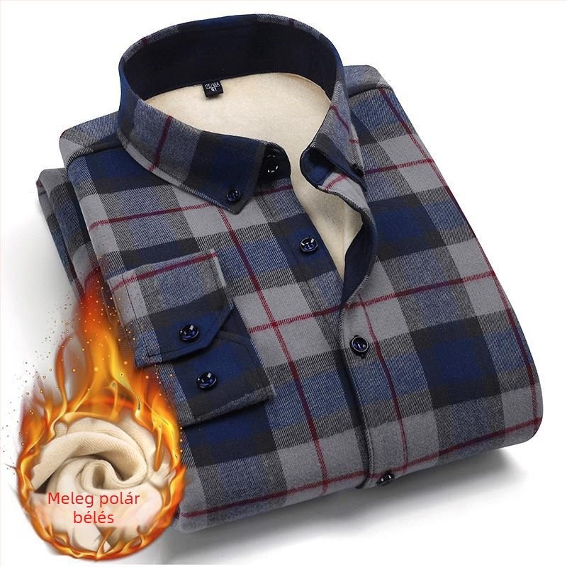 Férfi téli kockás ing, vastag pamutból, fleece béléssel, hosszú ujjú, üzleti casual stílus, vasalásmentes, meleg