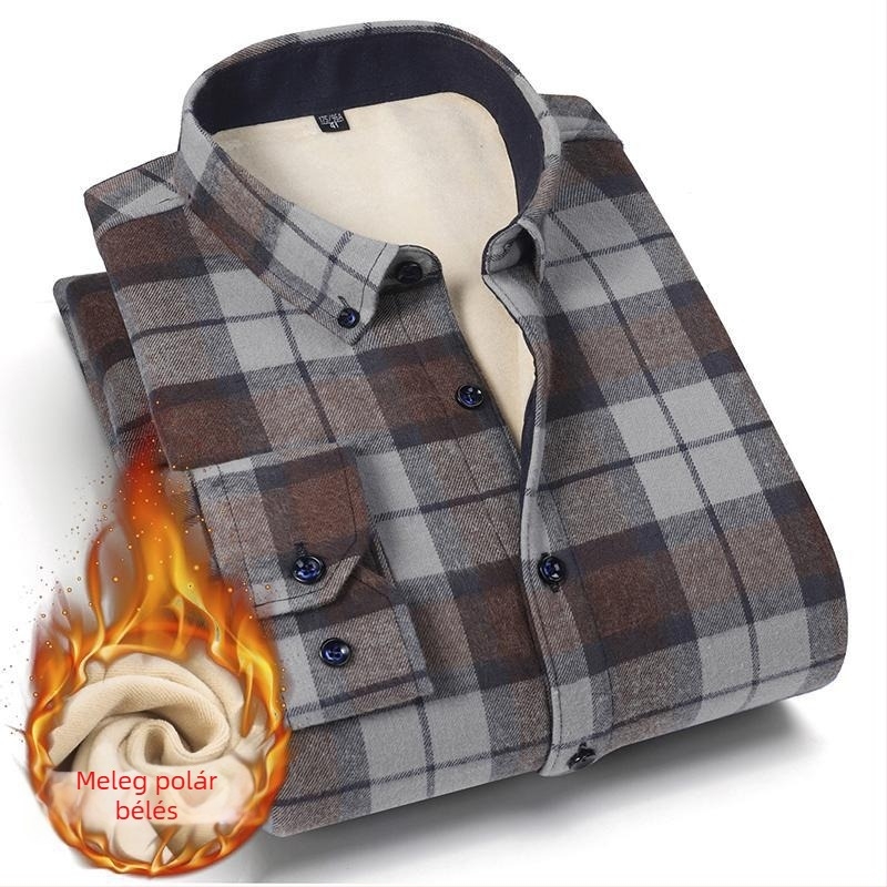 Férfi téli kockás ing, vastag pamutból, fleece béléssel, hosszú ujjú, üzleti casual stílus, vasalásmentes, meleg