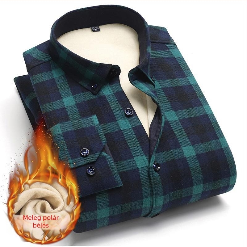 Férfi téli kockás ing, vastag pamutból, fleece béléssel, hosszú ujjú, üzleti casual stílus, vasalásmentes, meleg
