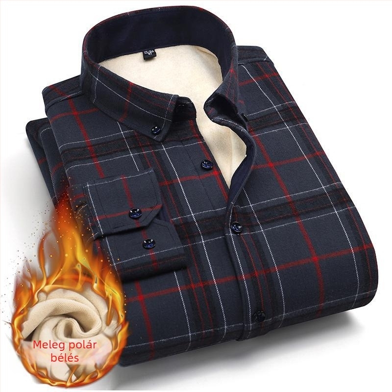 Férfi téli kockás ing, vastag pamutból, fleece béléssel, hosszú ujjú, üzleti casual stílus, vasalásmentes, meleg