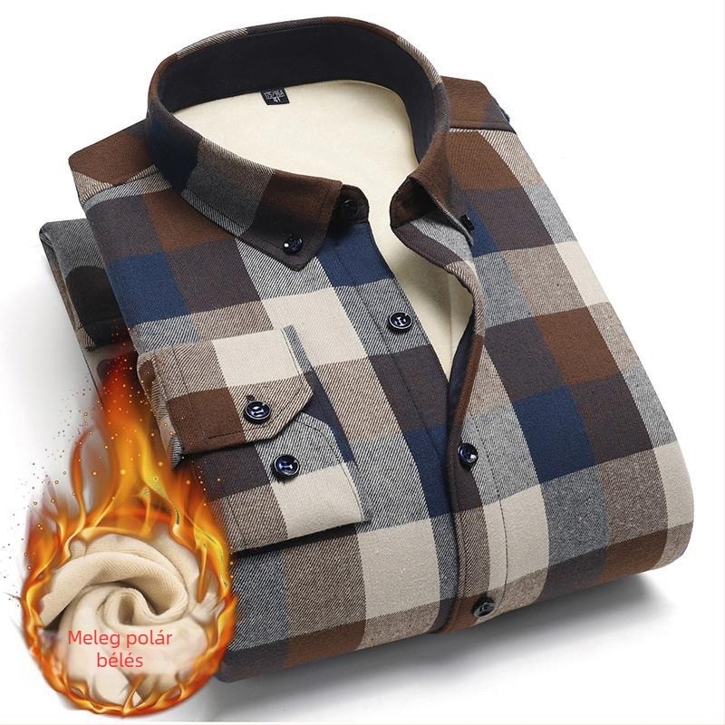 Férfi téli kockás ing, vastag pamutból, fleece béléssel, hosszú ujjú, üzleti casual stílus, vasalásmentes, meleg