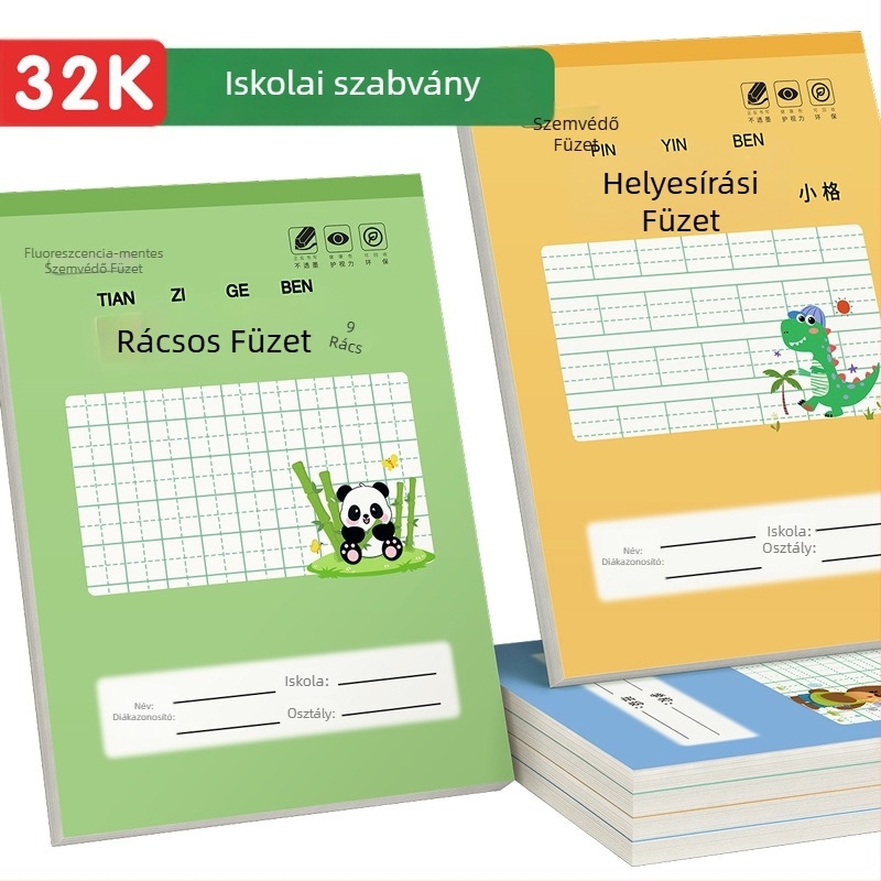 32K-os négyzetrácsos füzet kínai karakterek írására és Pinyinhez, óvodától általános iskoláig, 50 oldal, rajzfilm stílusú borító