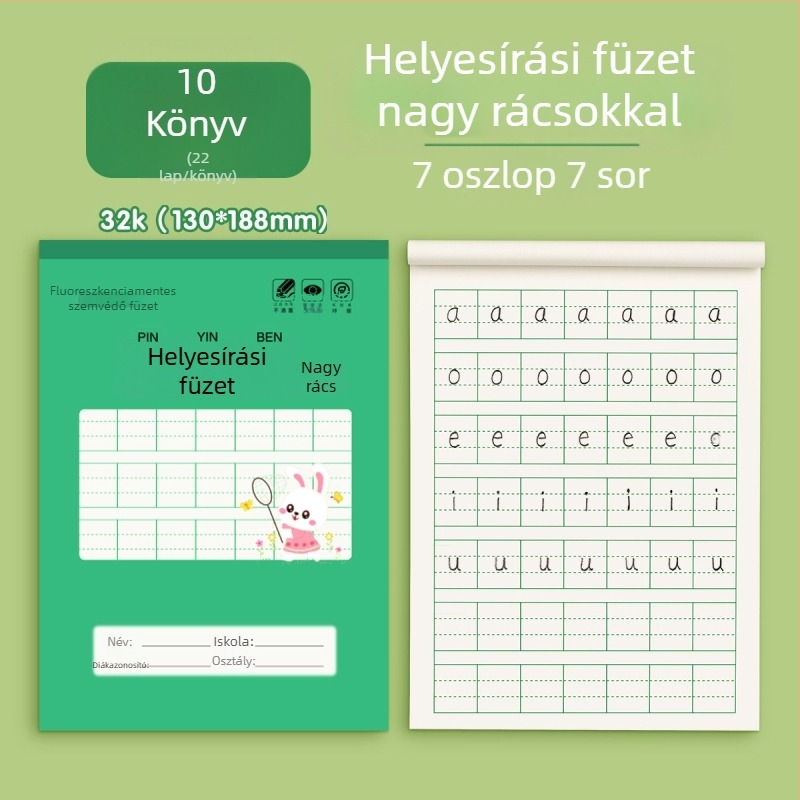 32K-os négyzetrácsos füzet kínai karakterek írására és Pinyinhez, óvodától általános iskoláig, 50 oldal, rajzfilm stílusú borító