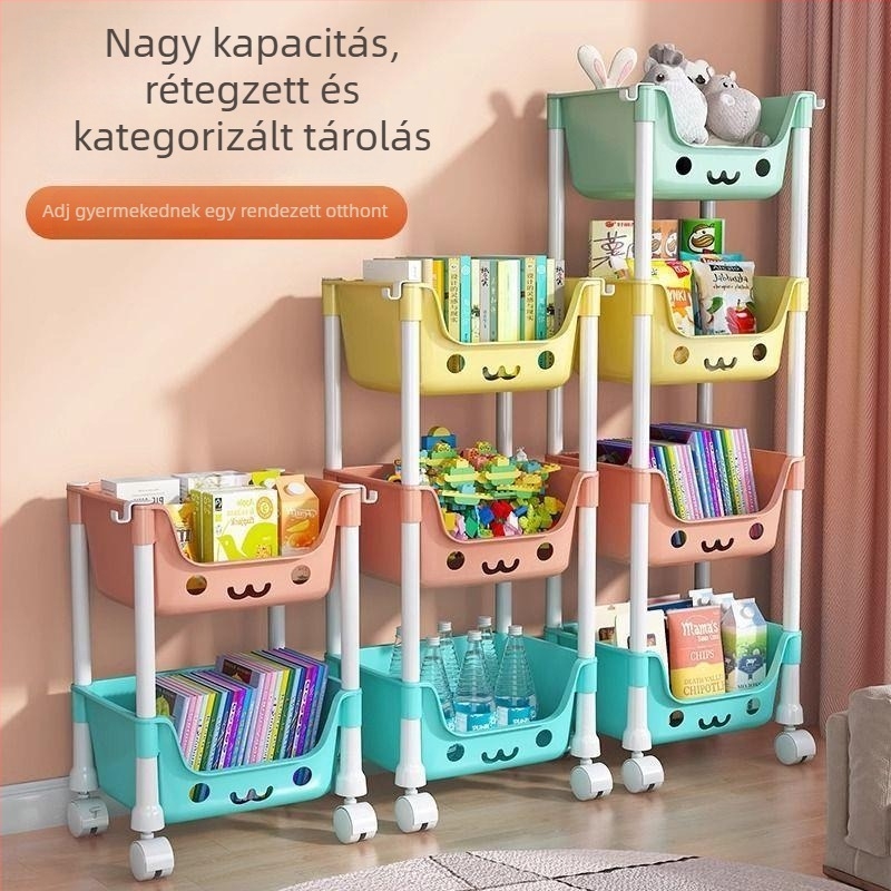 5-szintes padlóra álló tároló polc játékokhoz és háztartási tárgyakhoz, mosolygós arcú makaron színekben
