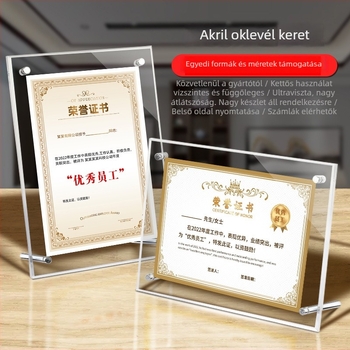 Akril tanúsítvány- és érmetartó keret, A4 és A3 méretben, vízszintes és függőleges asztali kiállítással, testre szabható engedélyezési plakett