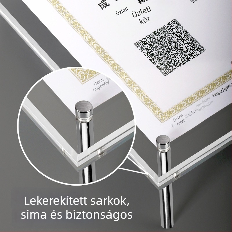 Akril tanúsítvány- és érmetartó keret, A4 és A3 méretben, vízszintes és függőleges asztali kiállítással, testre szabható engedélyezési plakett