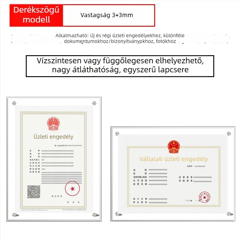 Akril tanúsítvány- és érmetartó keret, A4 és A3 méretben, vízszintes és függőleges asztali kiállítással, testre szabható engedélyezési plakett