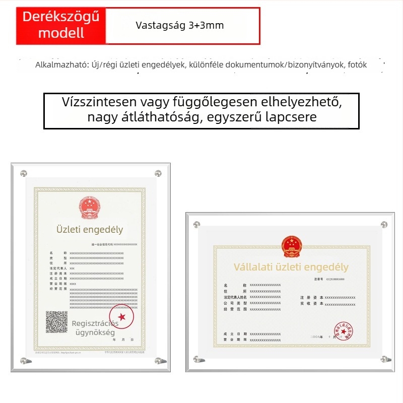 Akril tanúsítvány- és érmetartó keret, A4 és A3 méretben, vízszintes és függőleges asztali kiállítással, testre szabható engedélyezési plakett