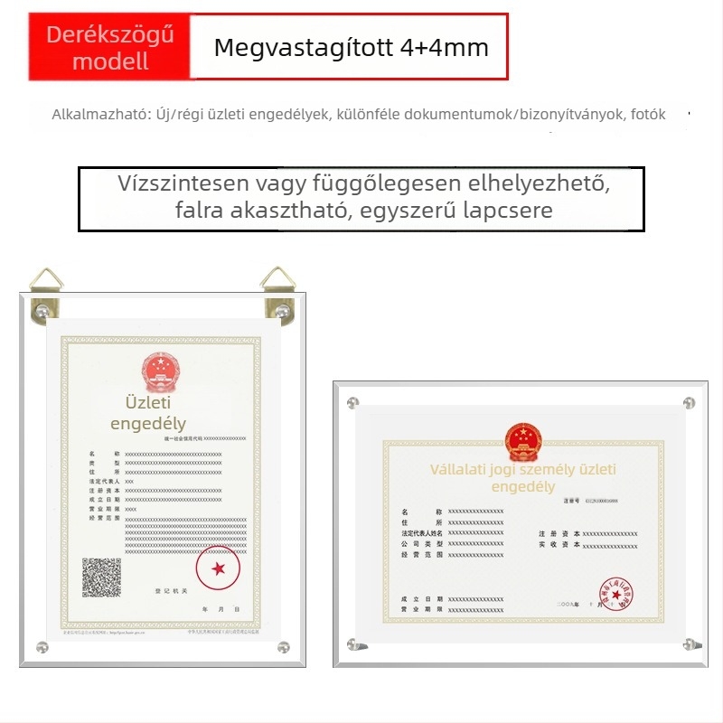 Akril tanúsítvány- és érmetartó keret, A4 és A3 méretben, vízszintes és függőleges asztali kiállítással, testre szabható engedélyezési plakett