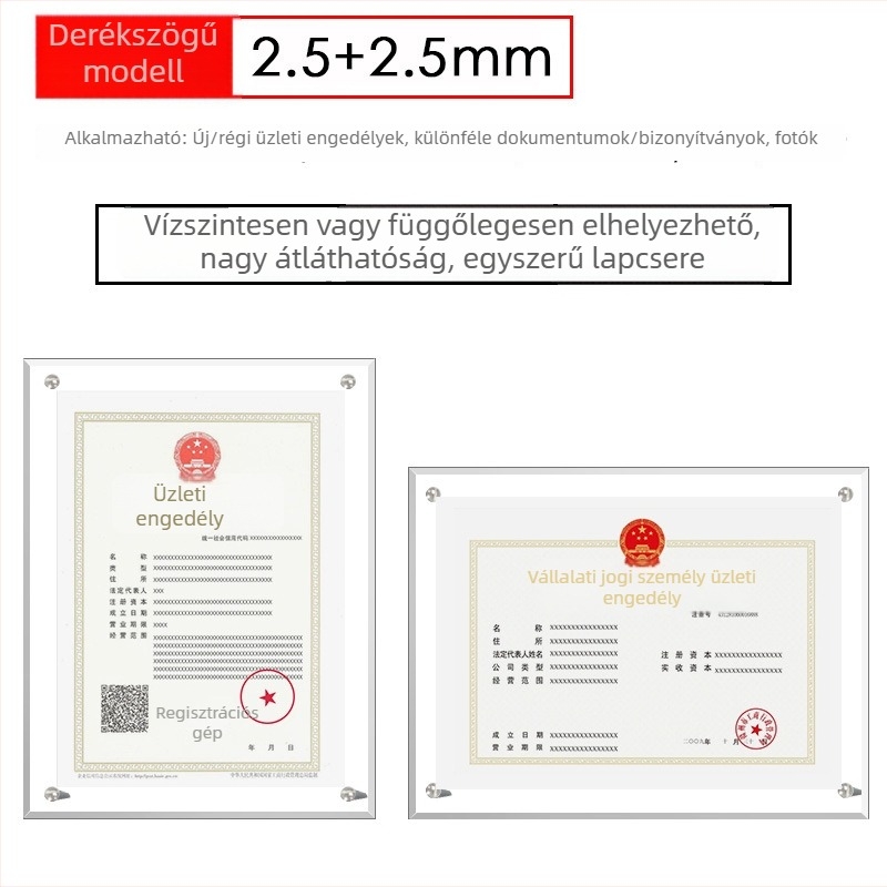 Akril tanúsítvány- és érmetartó keret, A4 és A3 méretben, vízszintes és függőleges asztali kiállítással, testre szabható engedélyezési plakett