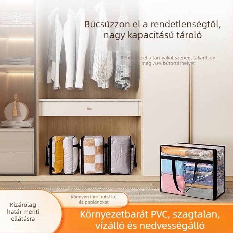 Átlátszó PVC tároló táska fogantyúval, nedvességálló és porálló, nagy kapacitású költöztetéshez és ágyneműtároláshoz