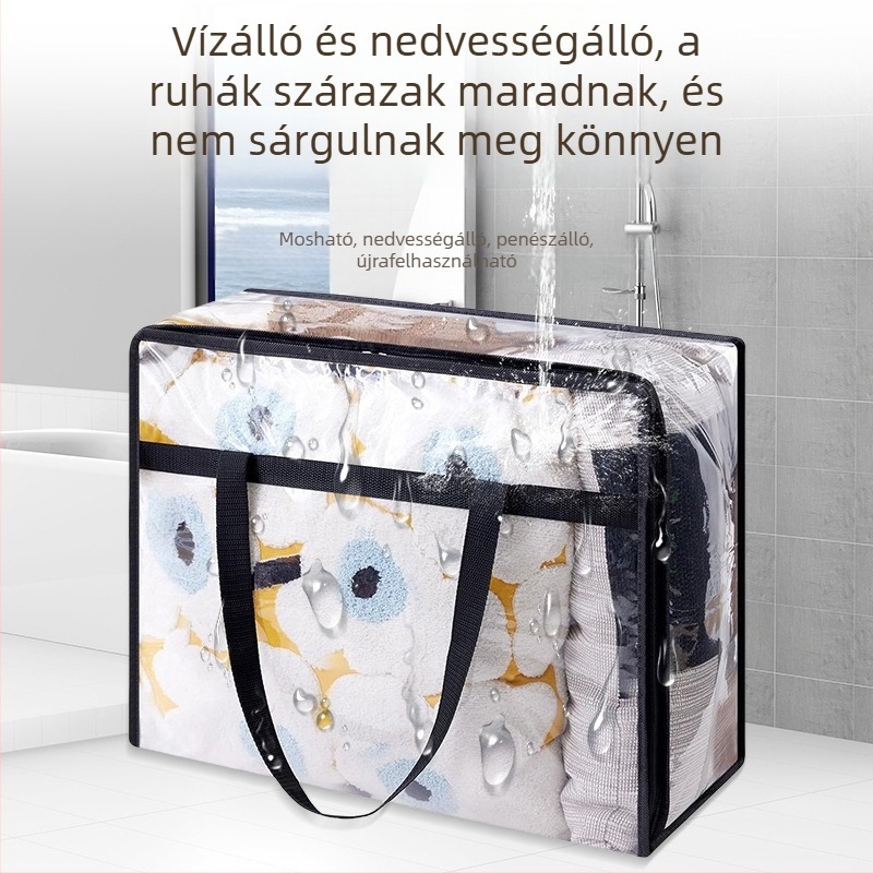 Átlátszó PVC tároló táska fogantyúval, nedvességálló és porálló, nagy kapacitású költöztetéshez és ágyneműtároláshoz